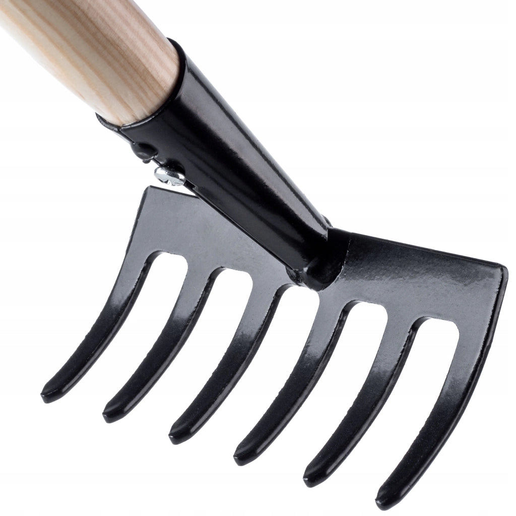 Rastrello da giardino in metallo KADAX, piccolo, 33 cm, 6 denti, manico in legno massello