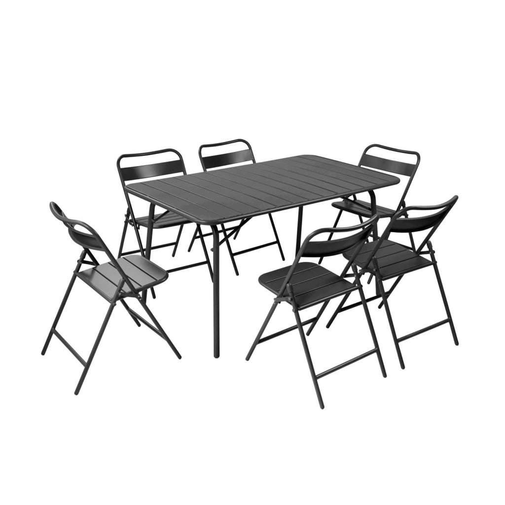 Set tavolo da giardino in acciaio con 6 sedie pieghevoli, 140cm,