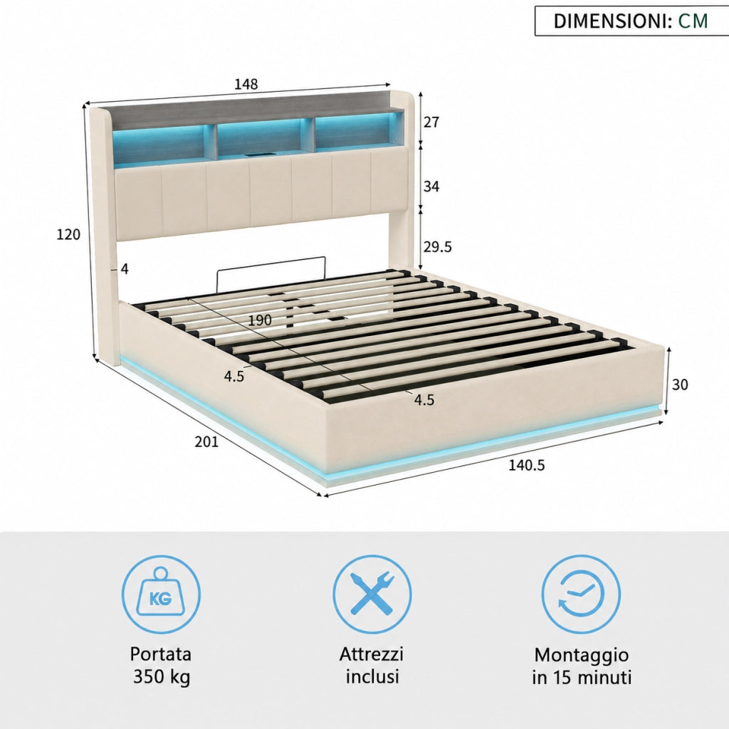 Letto matrimoniale contenitore idraulico 140x190 cm, rivestimento velluto beige, testiera con vani, LED RGB, porte USB‑A e USB‑C, capacità 350kg