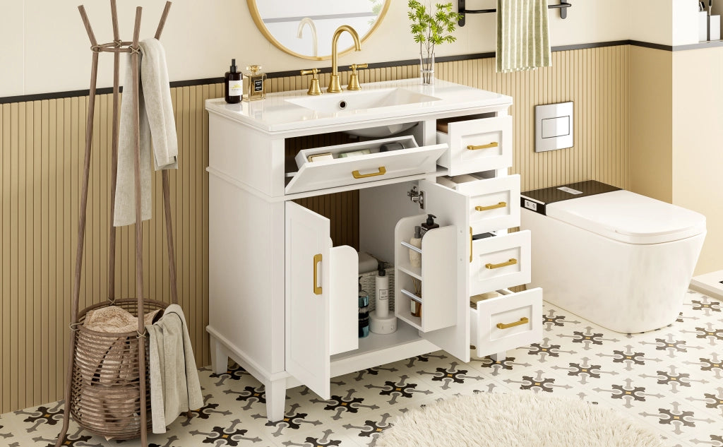 Mobile sottolavabo con lavandino in ceramica, 2 ante e 5 cassetti, per bagno, in MDF e ceramica, bianco, 90 × 46 × 87 cm