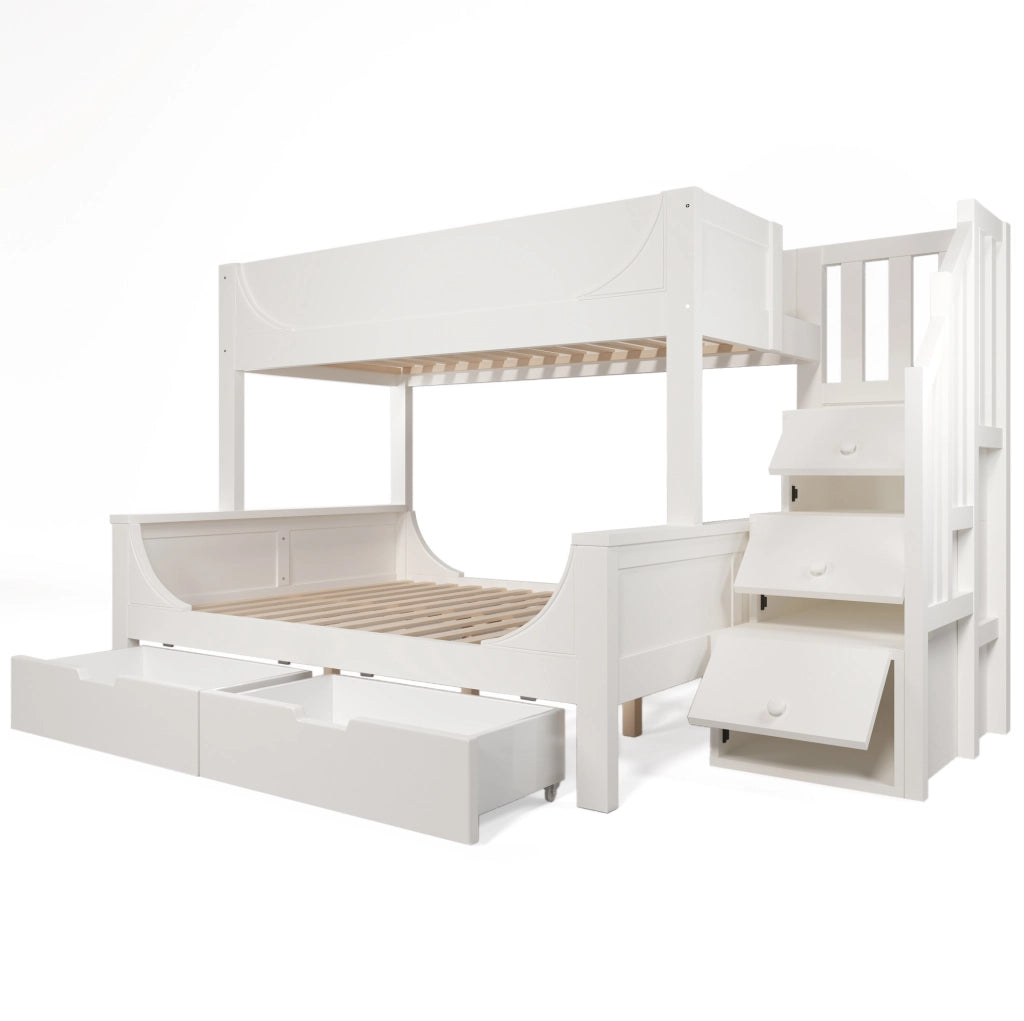 Letto a castello per bambini con scala-armadio e cassetti; 90/140x200 cm; bianco