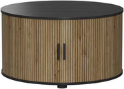 tavolino soggiorno Selva, Quercia/nero, 80 x 80 cm con porta scorrevole, con funzione lift e piano del tavolo regolabile in altezza