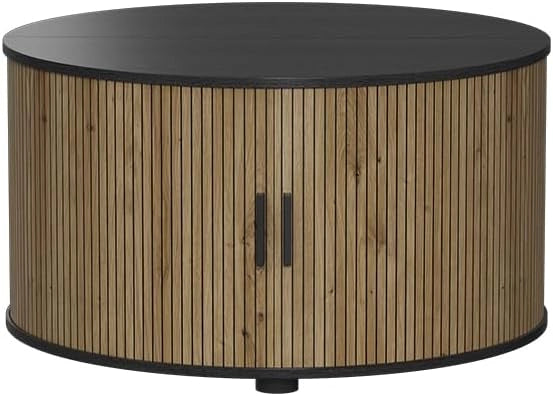 tavolino soggiorno Selva, Quercia/nero, 80 x 80 cm con porta scorrevole, con funzione lift e piano del tavolo regolabile in altezza