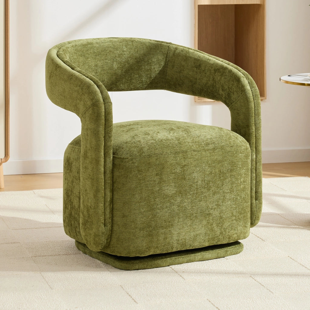 Poltrona girevole 360° in chenille con schienale ergonomico e base robusta verde per soggiorno e lettura moderna