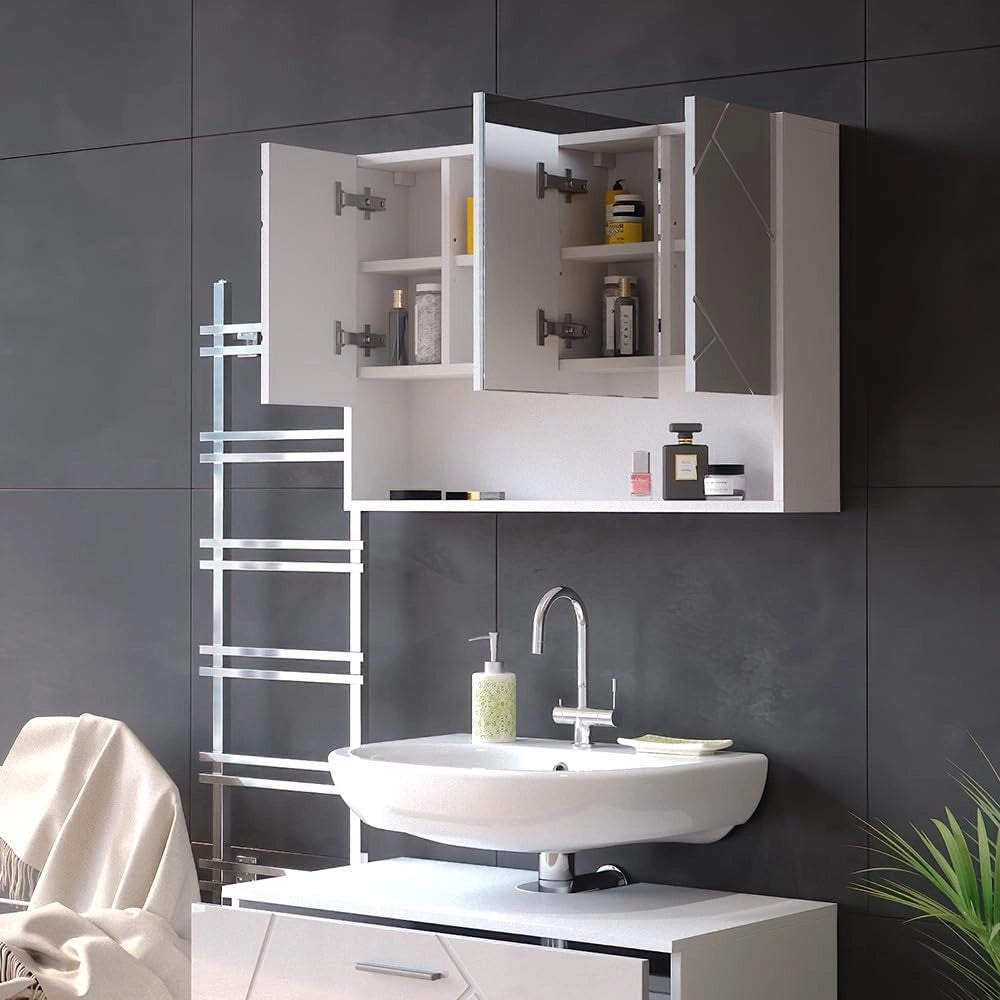Specchio contenitore bagno Irma, Bianco lucido, 80.1 x 55 cm, con specchio e ripiani aperti per montaggio a parete