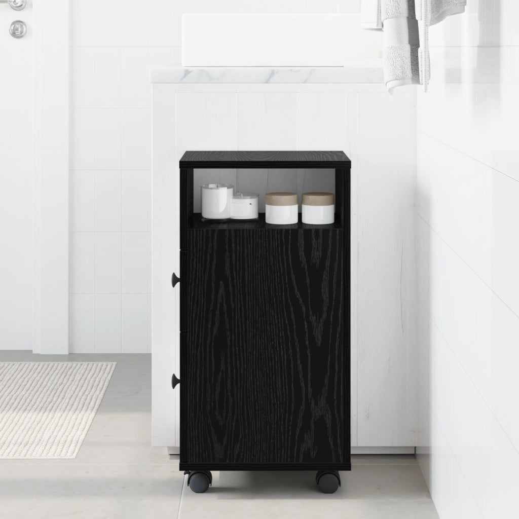 Armadio da Bagno Slim con Ruote in Rovere Nero in Legno Ingegnerizzato