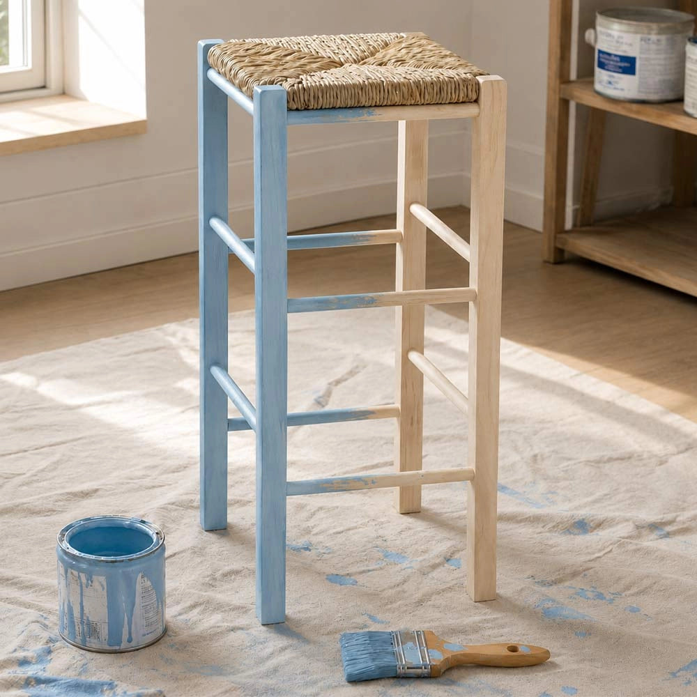 Sgabello da bar h 70 cm in legno da dipingere con sedile in paglia quadrato