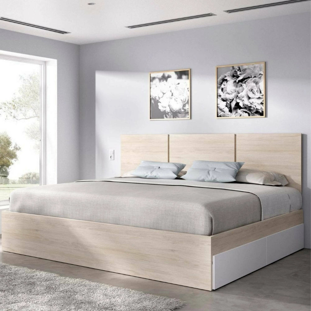 Letto alla francese Villata, Sommier per camera da letto, Giroletto per stanza, Struttura porta materasso, 146x195 h96 cm, Bianco e Rovere