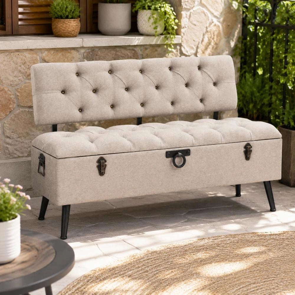Bench With Storage Space And Backrest, 110cm, Cream Fabric