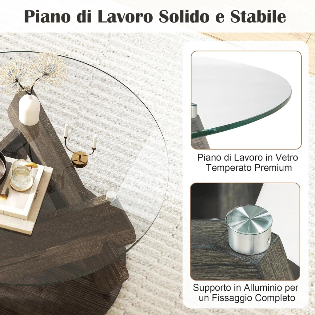 Tavolino da Salotto Rotondo con Piano in Vetro Temperato, Tavolo Basso da Caffè con Base in Legno e Piedini Antiscivolo, Tavolino Moderno per Soggiorno, Ufficio, Camera da Letto