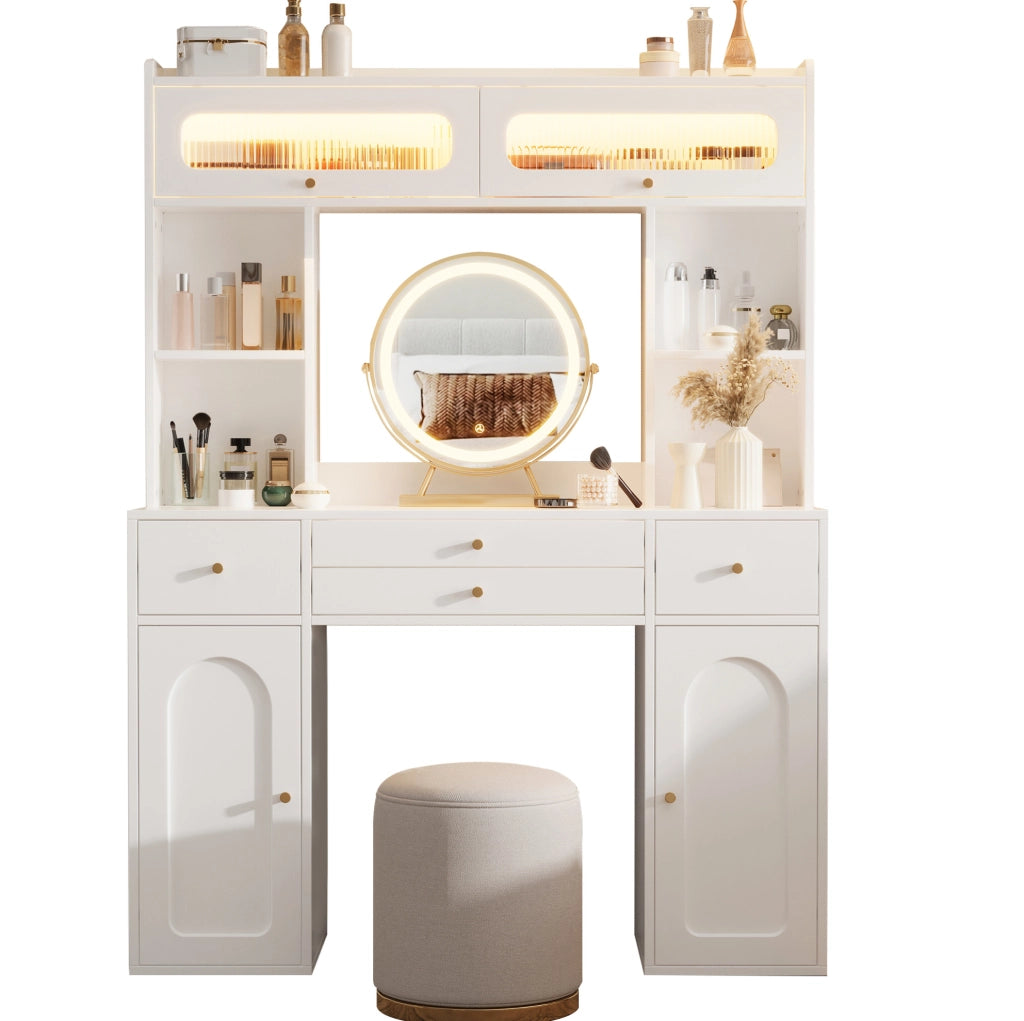 Toeletta bianca LED con 4 cassetti e specchio, 120x40x160 cm