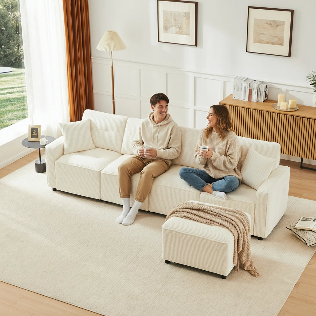 Divano modulare 4 posti con contenitore e pouf libero in velluto a coste beige 280×146×85 cm