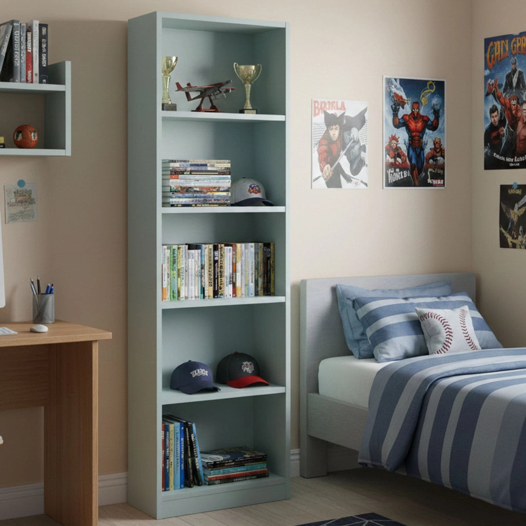 Libreria Artico, Mobile portalibri alta a 5 ripiani, Scaffale da ufficio o cameretta, Scaffale moderno con scomparti, cm 52x25h80, Verde acqua