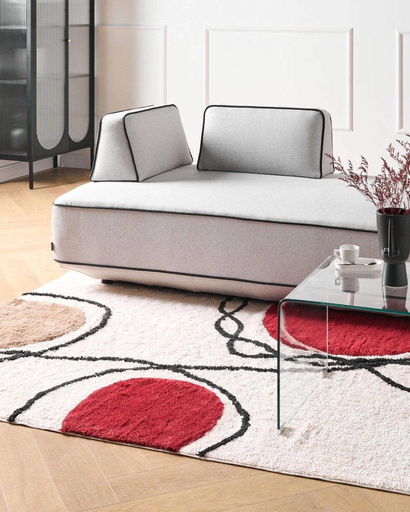 Tappeto da soggiorno cotone beige e rosso motivo astratto 140 x 200 cm nappe soggiorno camera da letto divano