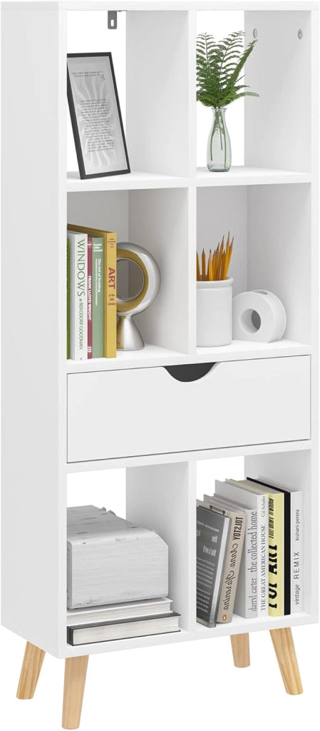 Libreria Moderna Bianca Scaffale Espositore a 6 Cubi Mobile Autoportante per Soggiorno con 1 Cassetto Gambe in Legno Bianco