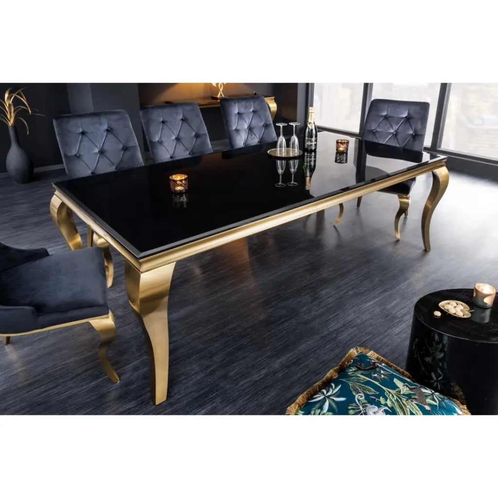 Table VELENA 200 cm – Piano in vetro nero e struttura in acciaio dorato – Eleganza barocca e design raffinato