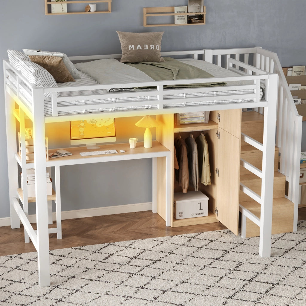 Letto a soppalco 140 × 200 cm con scrivania, armadio, scala contenitore e LED, senza materasso, in metallo, bianco