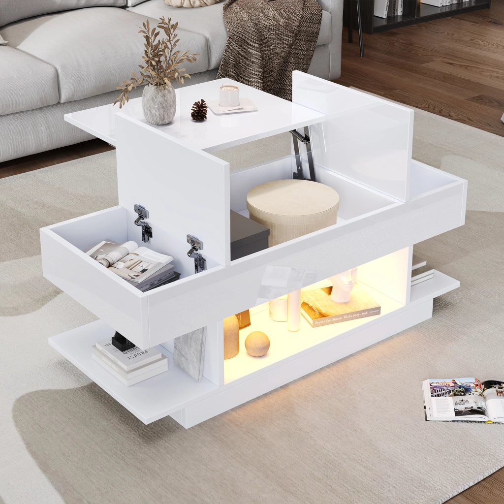 TAVOLO da caffè alzabile 98x45x40 cm bianco lucido con LED