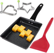 Piatto per Omelette con Spatola in Silicone - Padella Quadrata per Uova - Padella Antiforfora per Cottura - 2 Anelli per Uova - Acciaio Inox - 13 x 18 x 3,5 cm