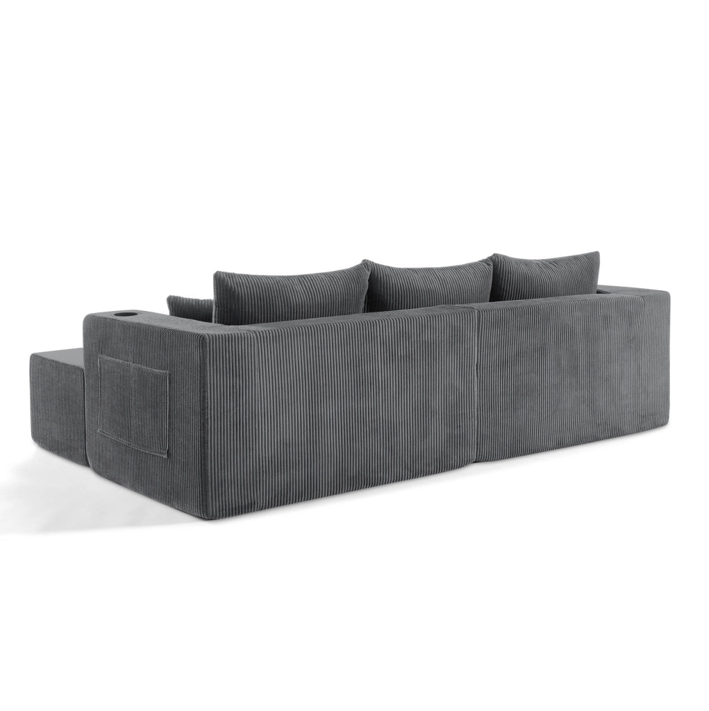 Divano angolare modulare 3 posti a L con 2 pouf mobili; tessuto effetto velluto a coste grigio
