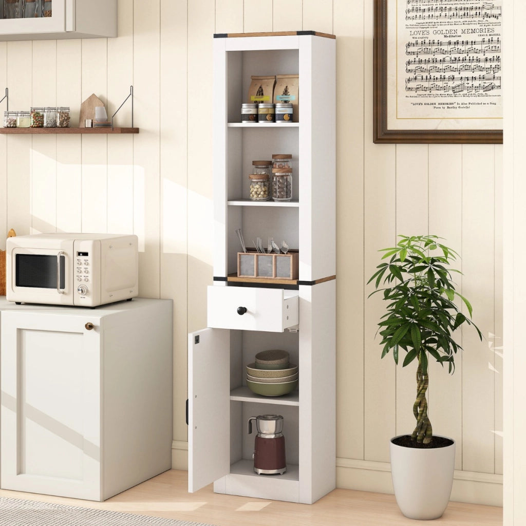Armadietto da bagno alto 173 cm organizzatore stretto con cassetto, Armadietto da bagno soggiorno e cucina Bianco-Armadietti da bagno