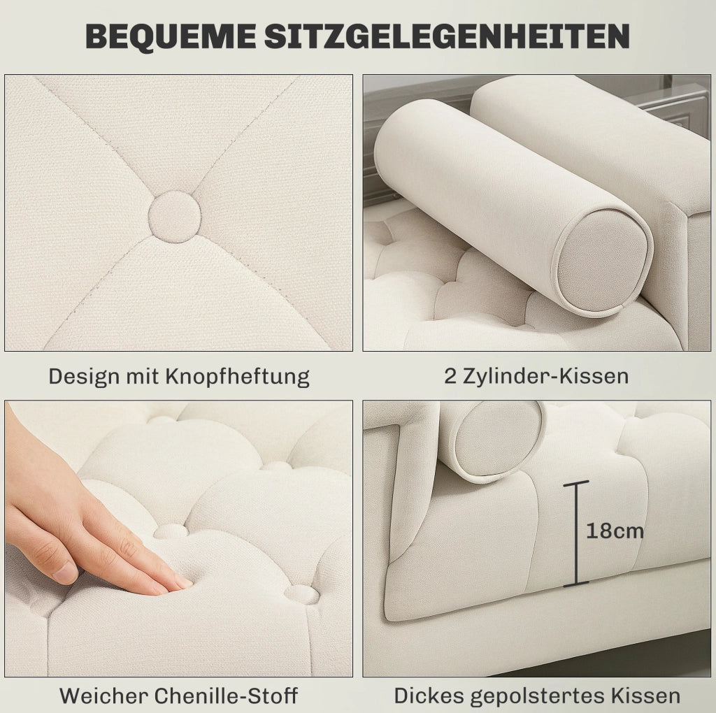 Panca imbottita in ciniglia con braccioli e 2 cuscini; 115 x 44 x 58 cm; beige
