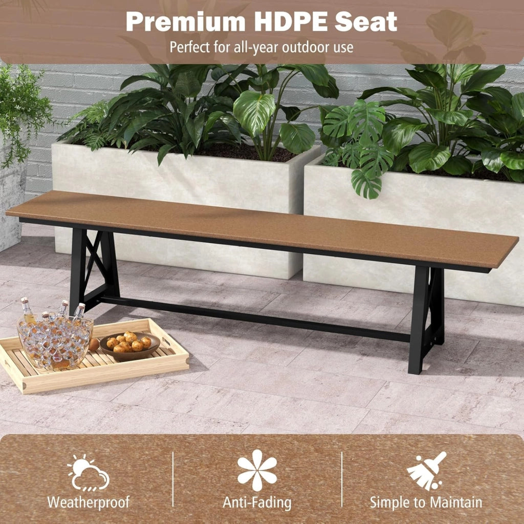 Panca da giardino, resistente alle intemperie, 3 posti, per esterni, portata fino a 500 kg, in HDPE e telaio in metallo, per giardino, balcone, terrazza, 183 x 35 x 41,5 cm, marrone