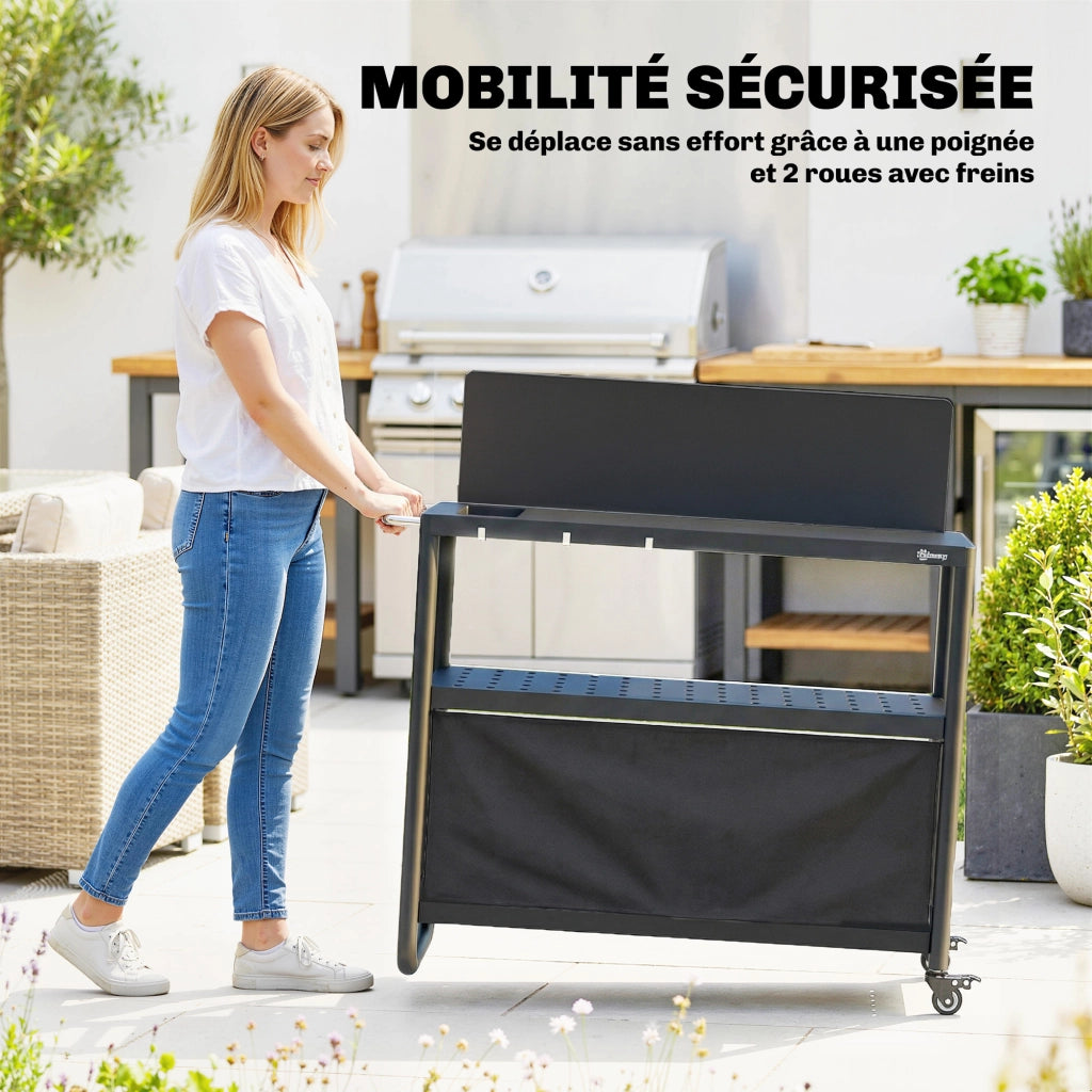Carrello Barbecue Mobile 3 Livelli con Paravento ¨C zephmum ¨C 100x46x110cm Nero