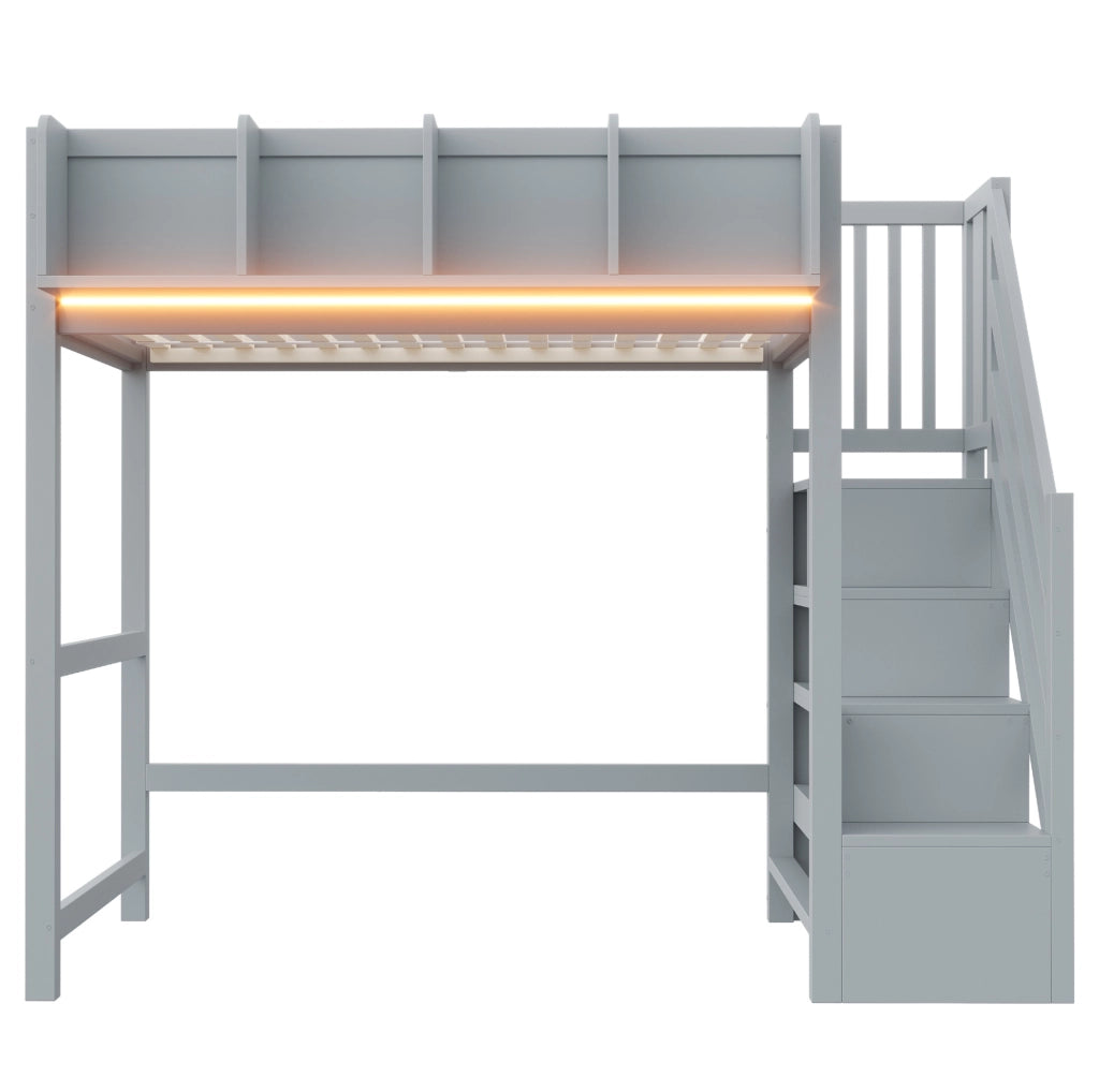 Letto a soppalco 90x200 cm con LED; scala e vani portaoggetti grigio
