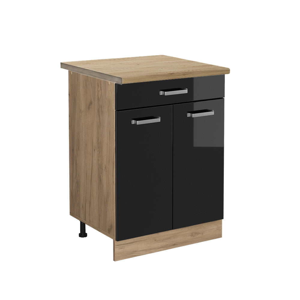Vicco Mobiletto base per cucina Nero lucido 60 cm con cassetto, PL Rovere