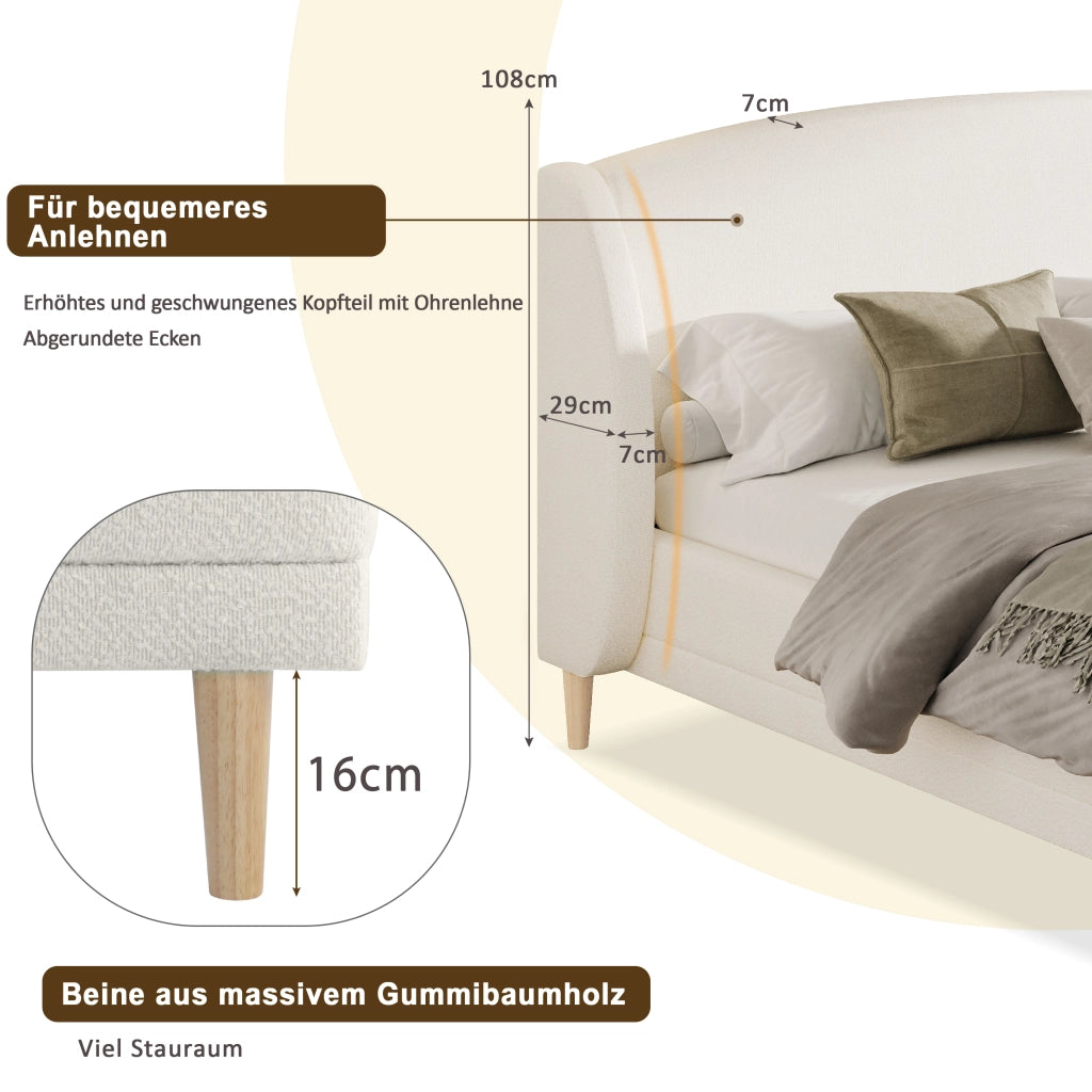 LETTO 140x190 cm in tessuto bouclé con testiera a orecchie, bianco