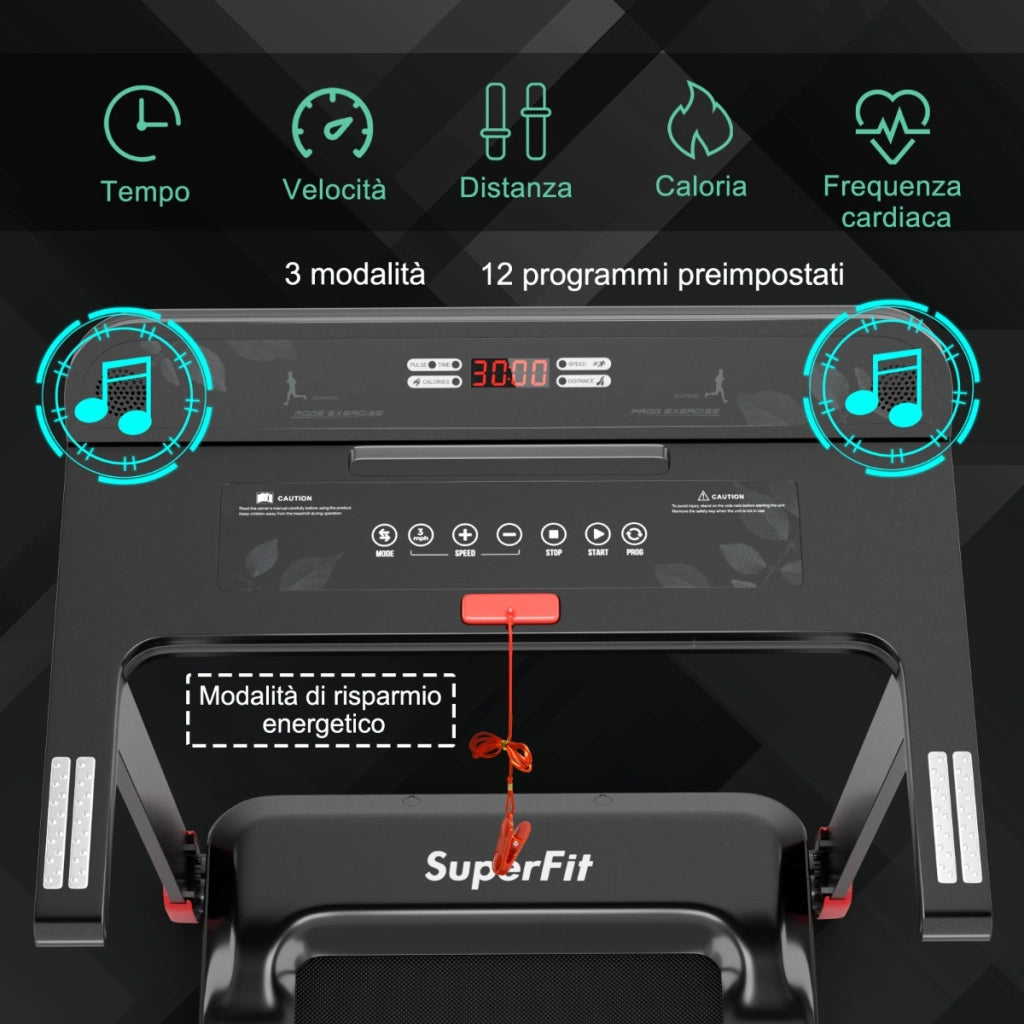 Tapis roulant pieghevole per casa con controllo APP, Tapis roulant compatto con schermo LED Nero e rosso