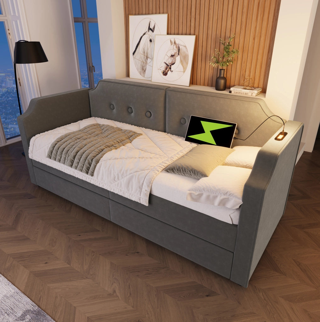 Letto 90x200 cm con 2 cassetti, USB e USB-C, luce da lettura in velluto grigio