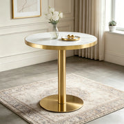 Tavolino basso rotondo con piano effetto marmo e bordo in acciaio inossidabile dorato, per soggiorno, bianco oro
