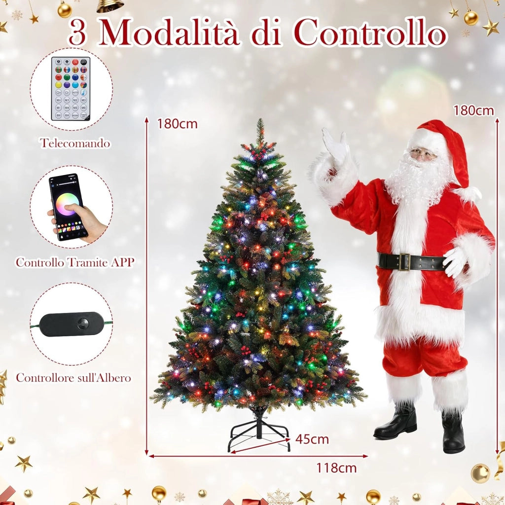 Albero di Natale Artificiale 180 cm, con 370 Luci RGB Multicolori Controllabili tramite APP, 1054 Rami in PE & PVC, 41 Pigne e 41 Bacche Rosse e Controllo Remoto (180 cm)