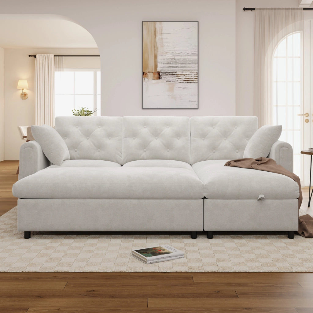 Divano beige con chaise longue e pouf contenitore