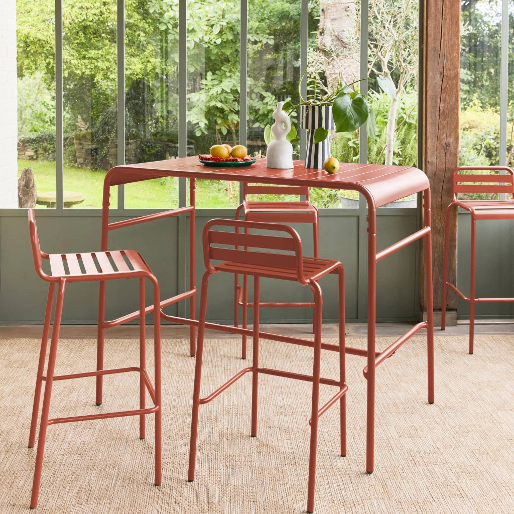 Set tavolo alto da giardino in acciaio con 4 sgabelli, 120cm,