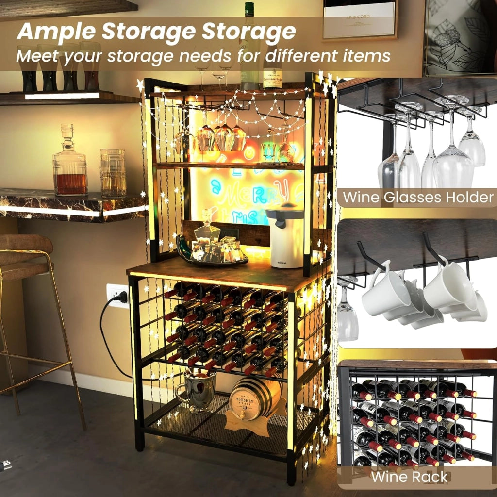 Scaffale per vino con prese e USB per 24 bottiglie e tazze, mensola da cucina a 5 Ripiani con piano di lavoro, scaffale multiuso per più dispositivi, portabottiglie per vino 76 x 48 x 163 cm
