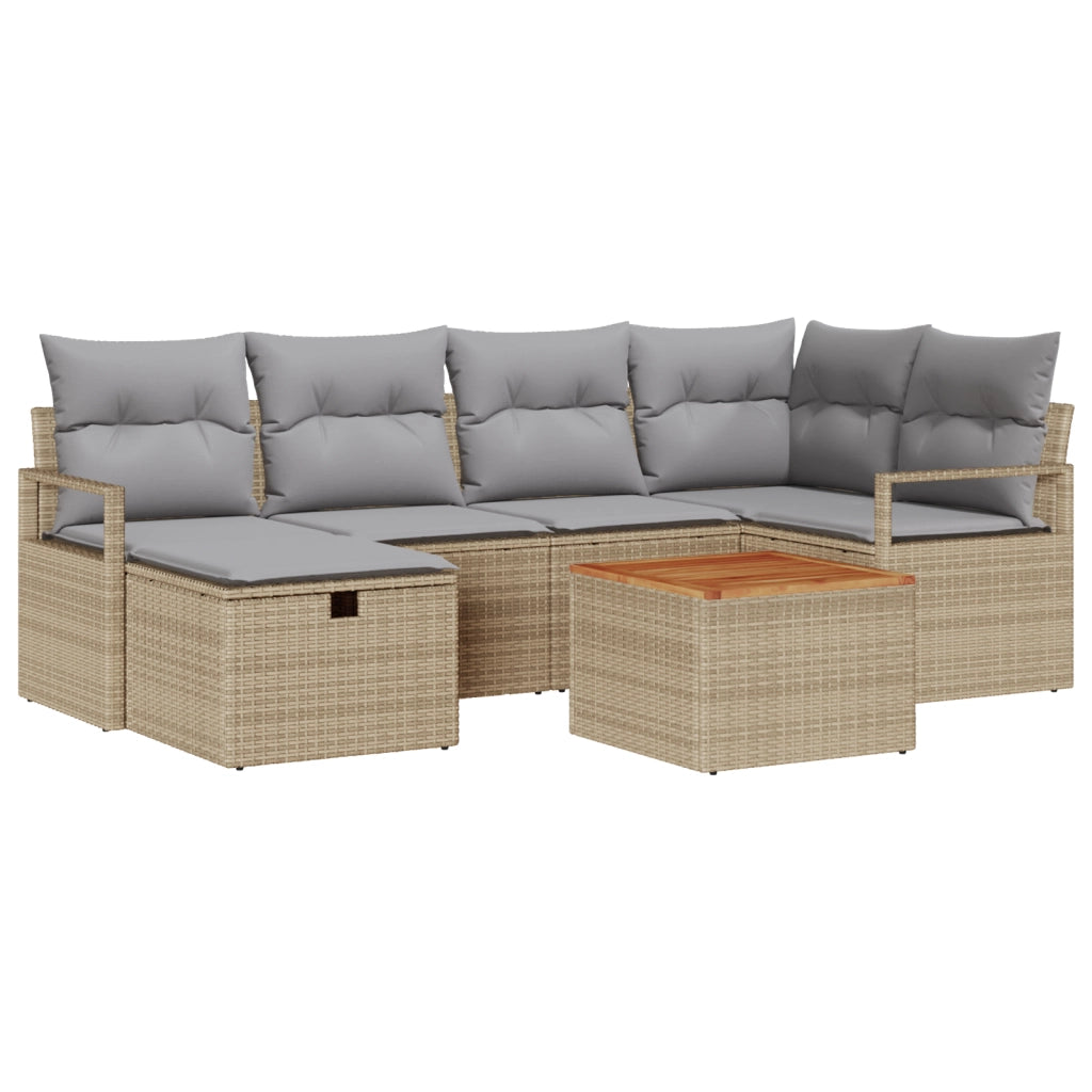 Set Divano da Giardino in 7 Pezzi con Cuscini Beige Polyrattan