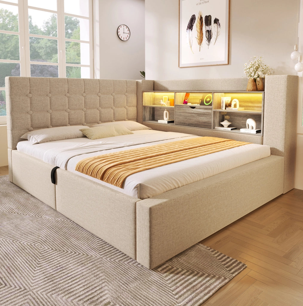 Letto matrimoniale 140x190 cm beige con LED, ricarica USB-C e vano contenitore