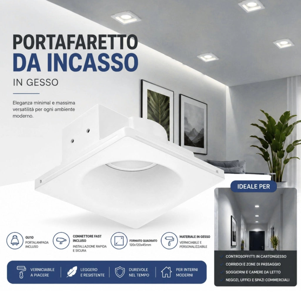 Portafaretto In Gesso Da Incasso, Quadrato 120X120X45mm, Bianco Verniciabile Portalampada GU10 e Connettore Fast Incluso