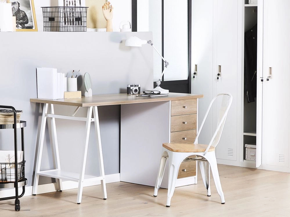 Scrivania per computer Home Office Piano in legno chiaro 140 x 60 cm con cassetti Cornice bianca