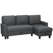 Divano Letto 3 Posti con Chaise e Spazio Contenitore, in Tessuto Effetto Lino, 197x129x85 cm, Grigio Carbone