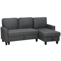 Divano Letto 3 Posti con Chaise e Spazio Contenitore, in Tessuto Effetto Lino, 197x129x85 cm, Grigio Carbone
