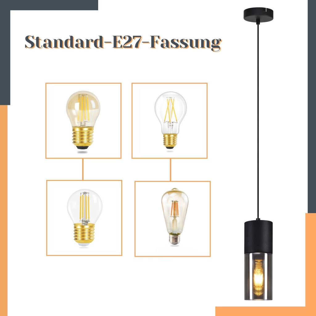 Lampada a sospensione ZMH nera E27 cucina vetro nero metallo 1 lampadina moderna industriale
