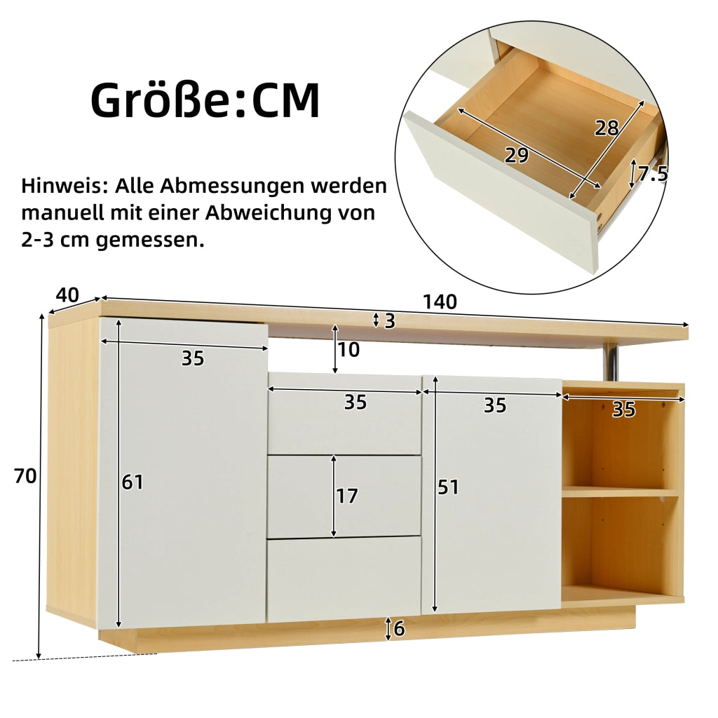 OKWISH Madia con 2 Ante, 3 Cassetti e 2 Vani Aperti, LED e Ripiani Regolabili, per Soggiorno, 140 x 40 x 70 cm