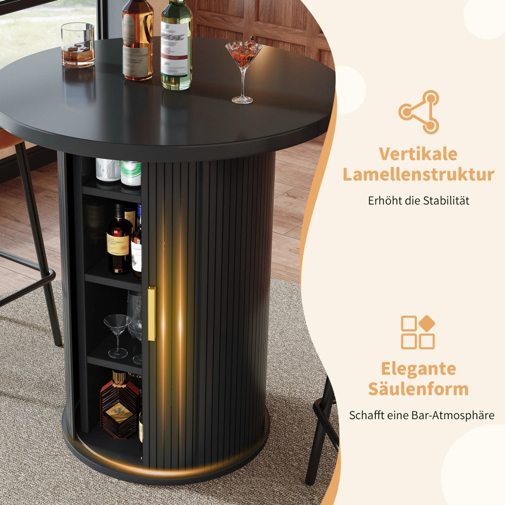 Set tavolo bar rotondo con 2 sgabelli, spazio contenitore e sedute ergonomiche in MDF e metallo nero per casa