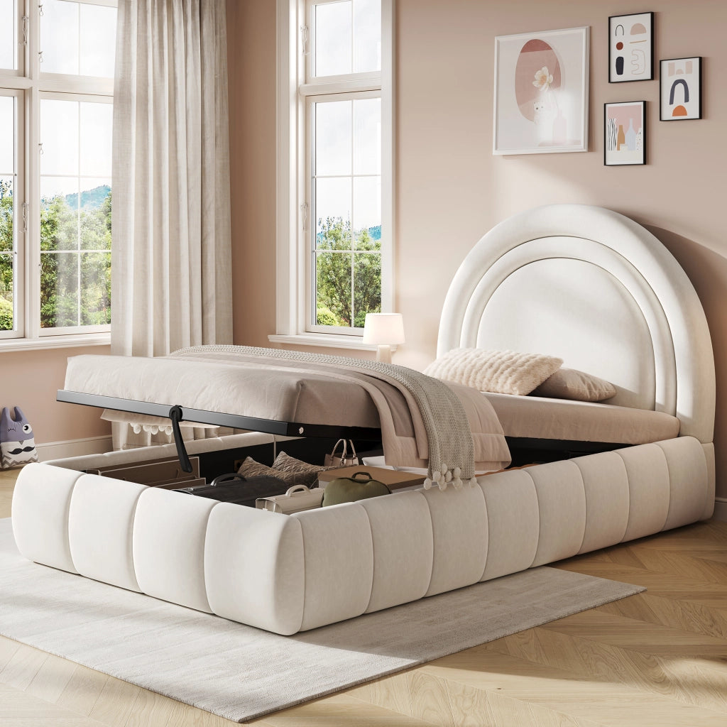 Letto Singolo Imbottito Contenitore ¨C MINIMAL ¨C Velluto Beige, Testiera, Rete a Doghe, Idraulico, 90x200cm
