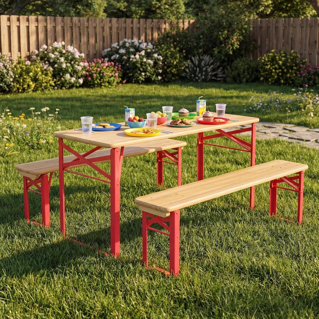 Set da Esterno 3 Pezzi per 4 Bambini, Tavolo da Picnic con 2 Panche in Legno Pieghevole, Robusta Struttura in Metallo, Facile da Riporre, Set da Giardino per Bambini 3-8 Anni per Patio