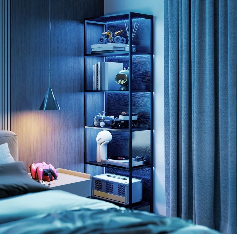 Libreria a 5 livelli 60x30x179 cm in legno e metallo nero con LED